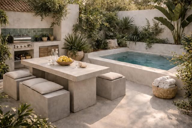 Patio mediterráneo con piscina y vegetación
