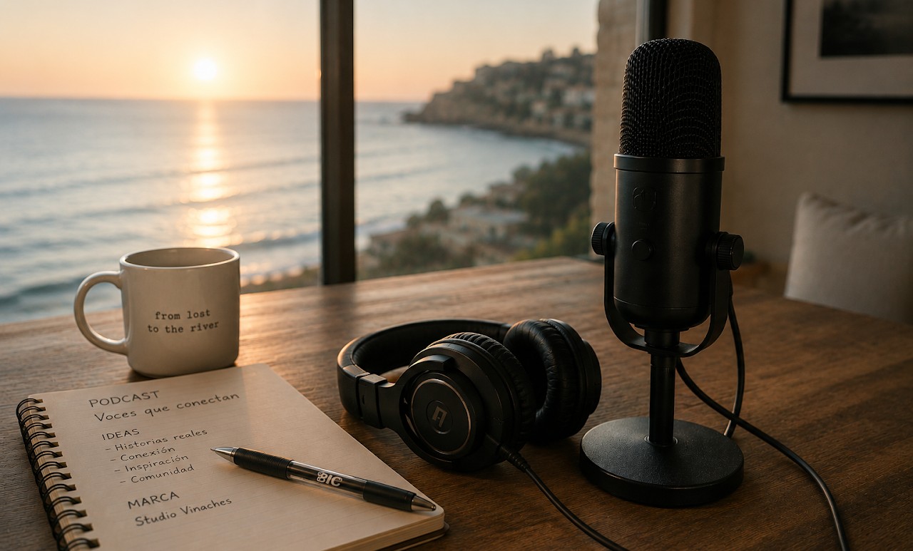 Micrófono, auriculares y cuaderno junto al mar